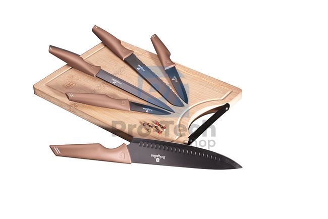 6-częściowy zestaw noży kuchennych z bambusową deską do krojenia RÓŻOWE ZŁOTO 19522